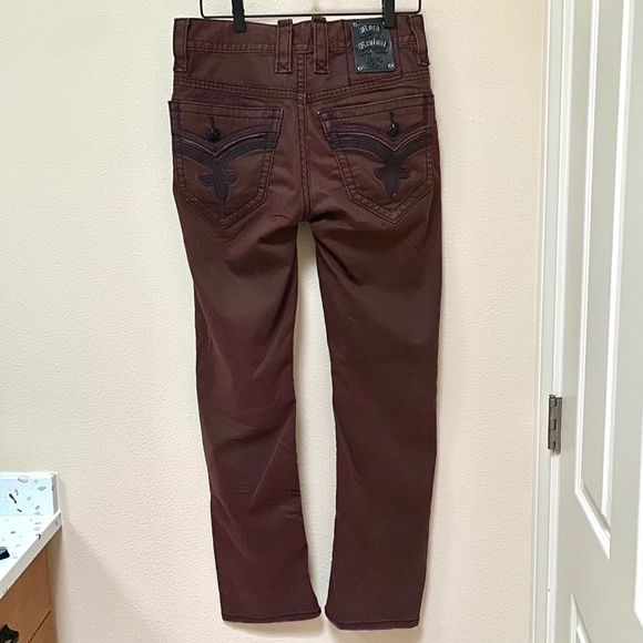 Rock Revival Distressed Dark Red/ Burgundy Denim Jeans, Men's Size 29/30 - Picture 2 of 7